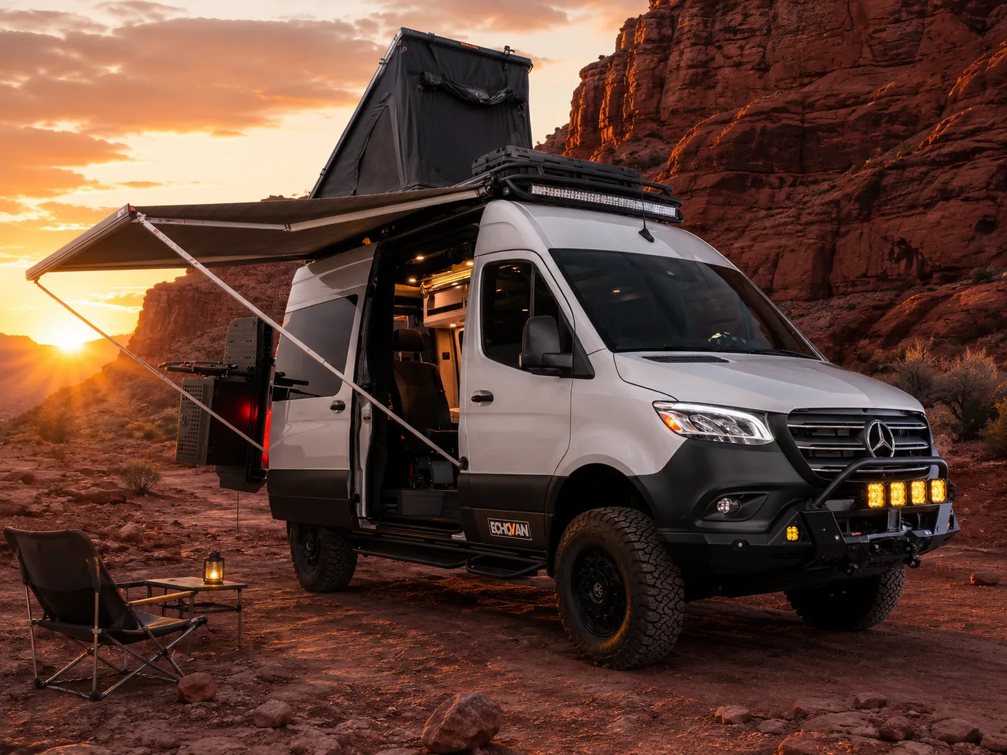 Completed Patrol Vans customer build set up for camp
