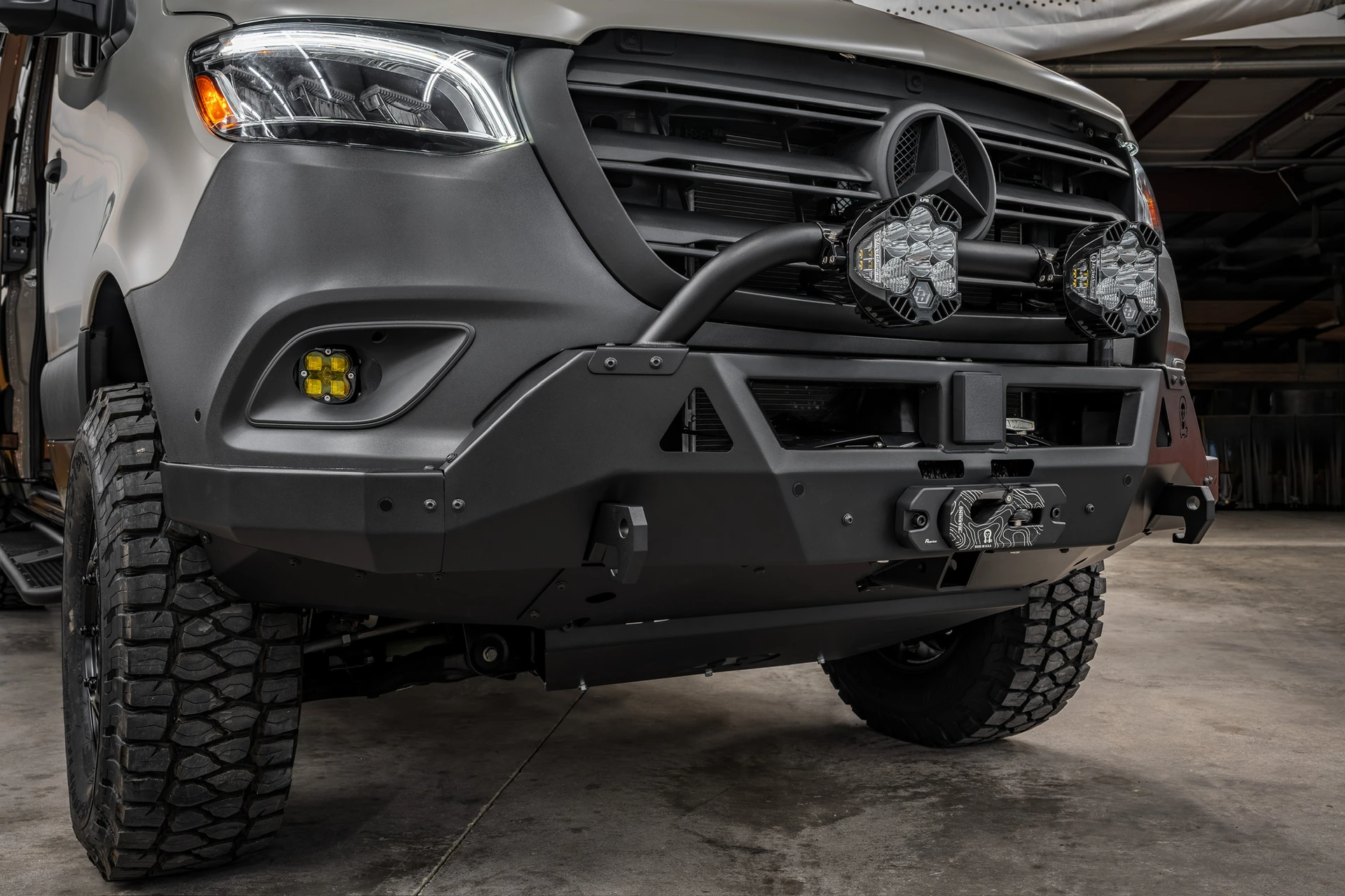 OmegaVan front bumper, auxiliary lights and winch