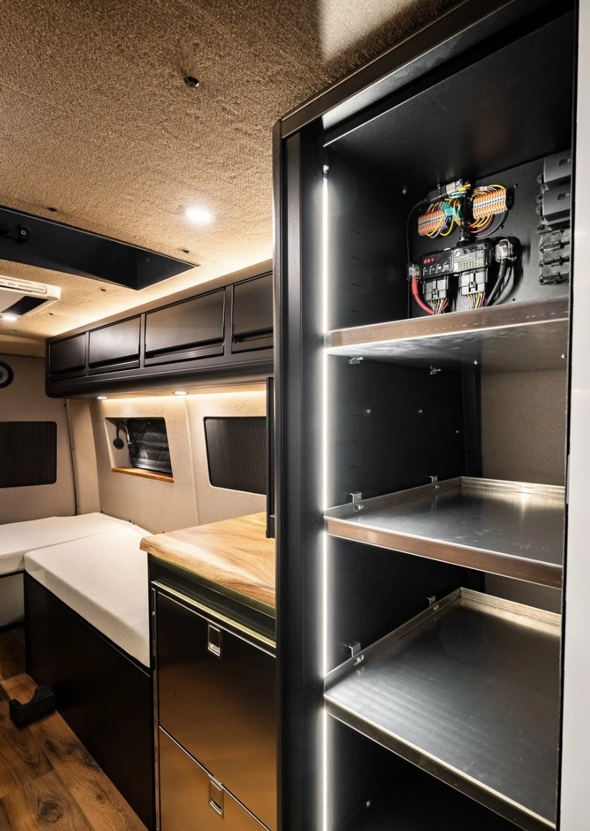 OmegaVan metal storage shelves, wiring and wood countertop